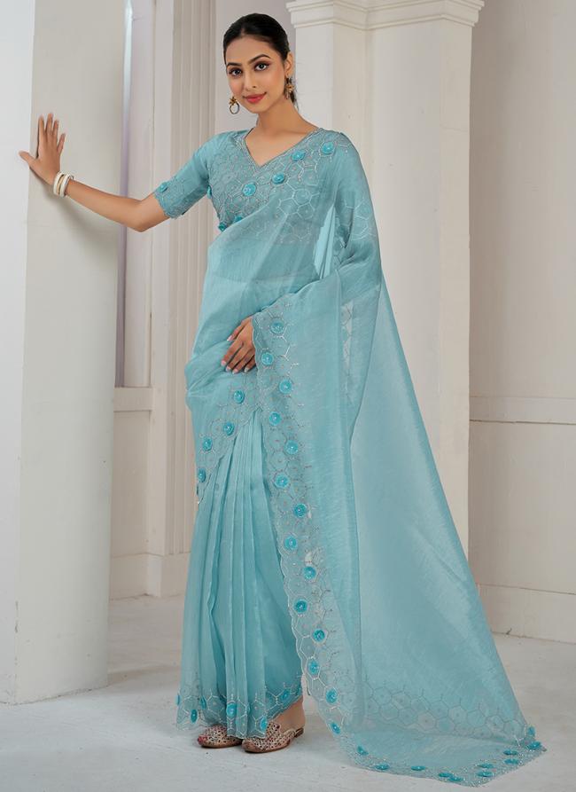 Soft Organza Sky Blue Party Wear Embroidery Work Saree